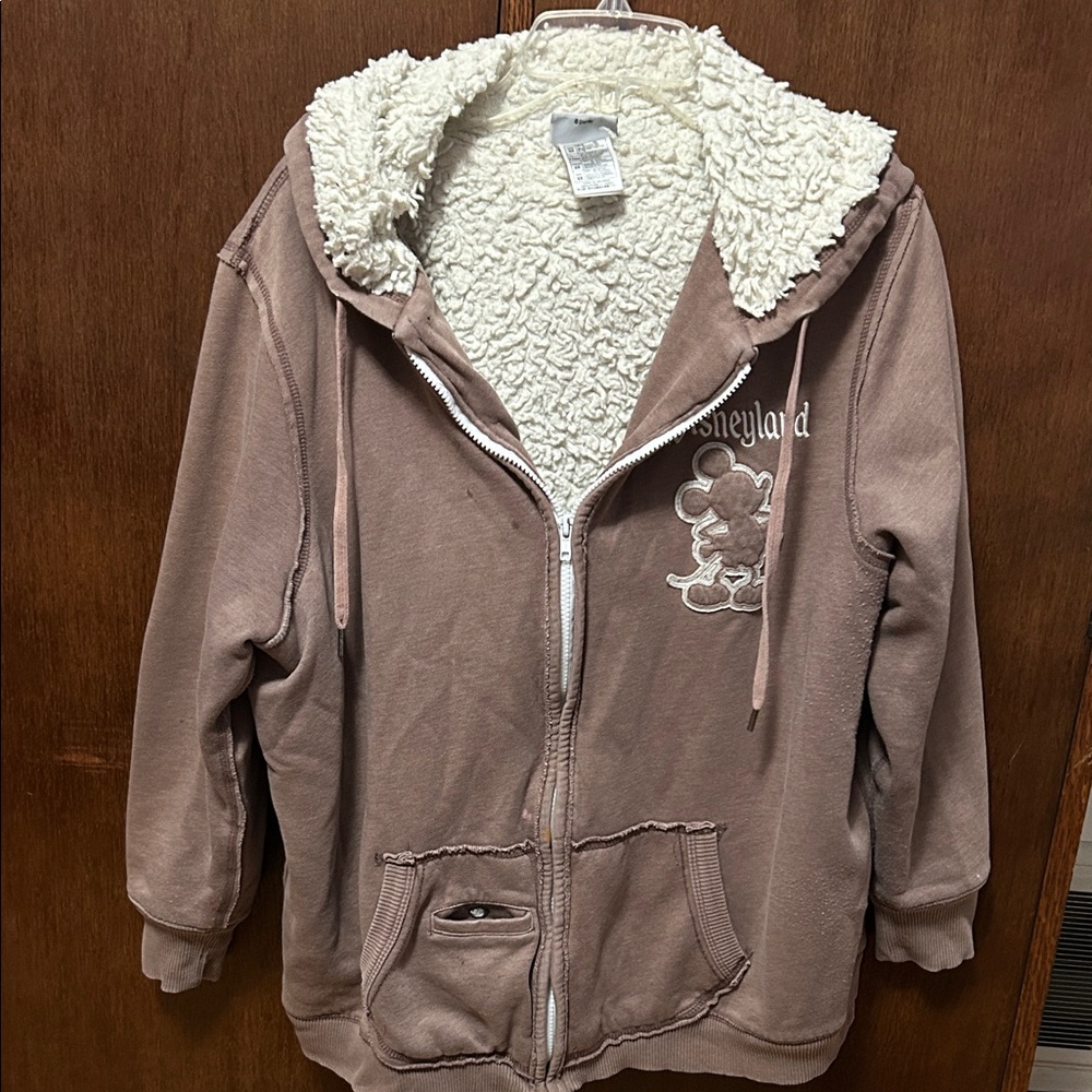 Disneyland brown Sherpa-lined zip-up hoodie an embroidered Mickey Mouse patch